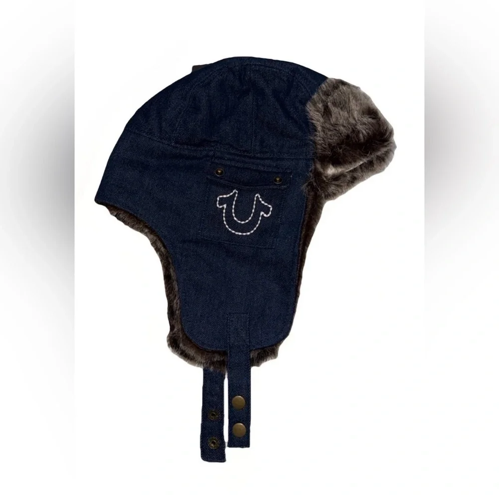 True Religion Blue Denim Trapper Hat with Faux Fur